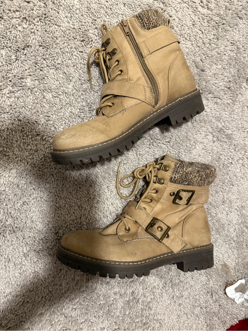 Tan Lace-Up Buckle Combat Boots